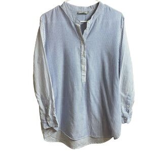 Dalia Blue White Stripe Half Button Tunic 100% Cotton Blouse Top Size Large